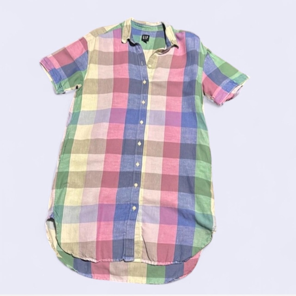 Gap Women Linen Cotton Shirt Dress blue pink green yellow checkered curved hem